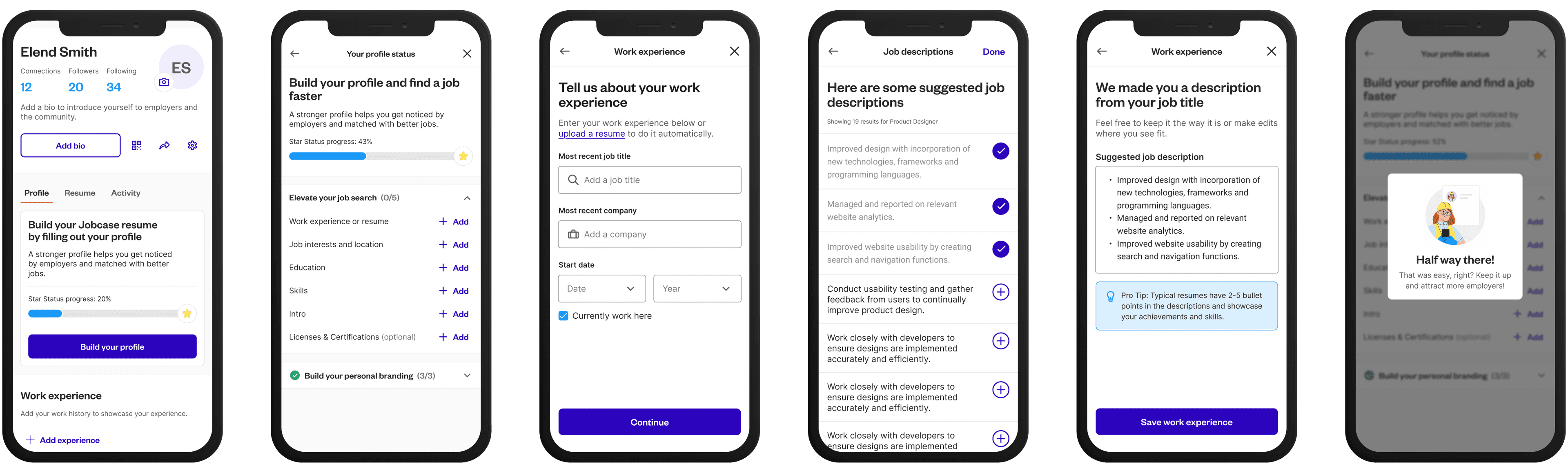Profile Builder flow screens
